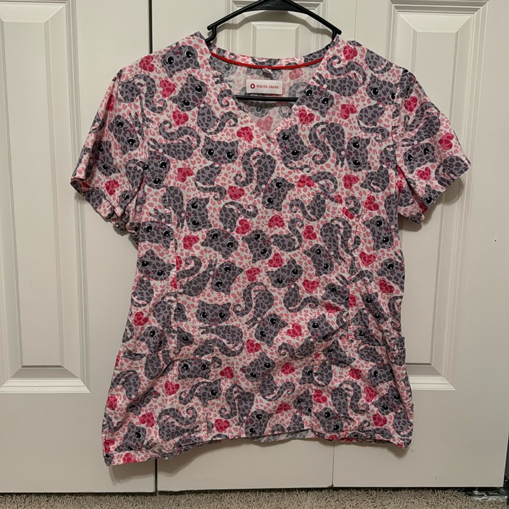 White Cross pink & gray kitty scrub top